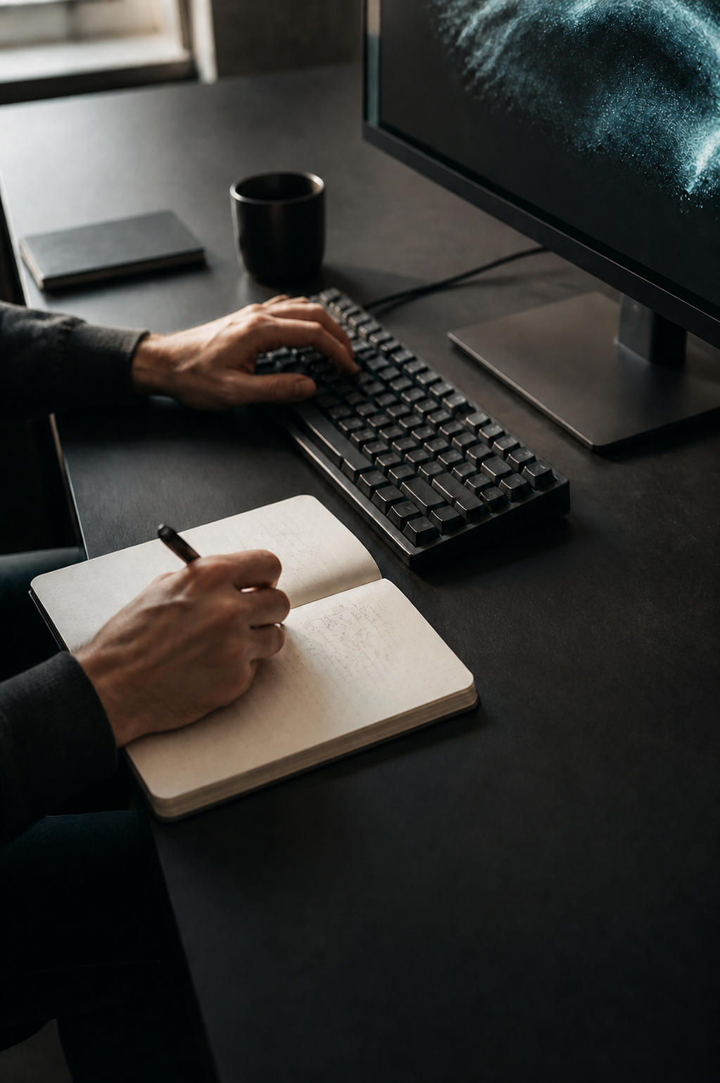 Hands typing and taking notes at a quiet technical workstation