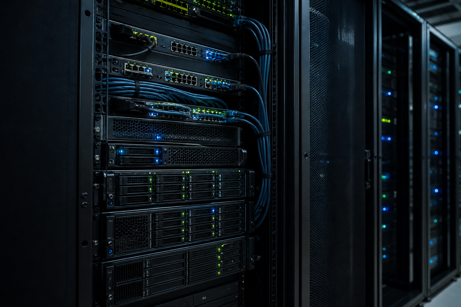 An open data centre rack with installed servers and network cabling visible